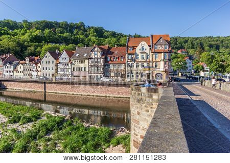 Hann. Munden, Germany - May 07, 2018: Bridge Over The River Werra In Hannoversch Munden, Germany