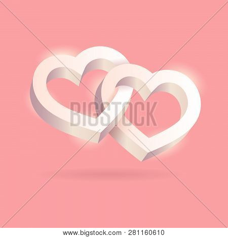 Two Hearts Intertwined On Pink Background. Optical Illusion Of 3D Three-dimensional Volume. Vector I
