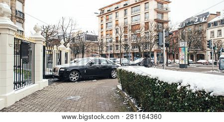 Strasbourg, France - Mar 18, 2018: New Luxury Rolls-royce Limousine Black Silver Car On French Allee