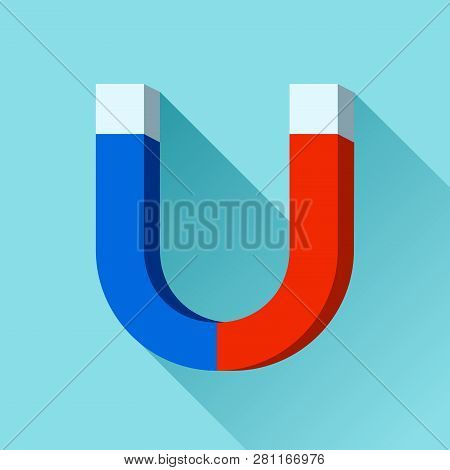 Blue And Red Horseshoe Magnet Icon In Flat Style, Simple Tool On Color Background. Vector Design Ele