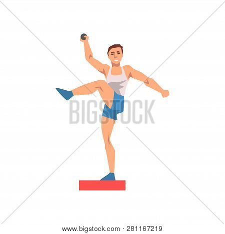 Shot Putter Male Athlete Character In Sports Uniform, Active Sport Healthy Lifestyle Vector Illustra