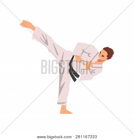Karate Fighter In Kimono Doing Kick, Male Athlete Character In Sports Uniform, Active Sport Healthy 