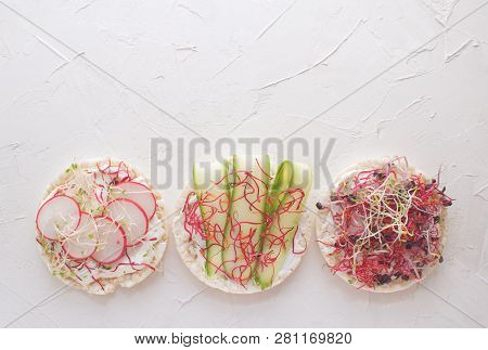Healthy Snack Concept Rice Bread Crispy Bred Radish Slices Sprouts Marrow Slices Cottage Cheese High