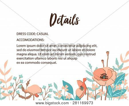 Classic And Refind Wedding Information Card With Flower Frame Background, Hand Drawn Floral Elements