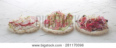 Healthy Snack Concept Rice Bread Crispy Bred Radish Slices Sprouts Marrow Slices Cottage Cheese High