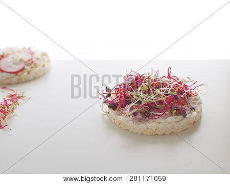 Healthy Snack Concept Rice Bread Crispy Bred Radish Slices Sprouts Marrow Slices Cottage Cheese High