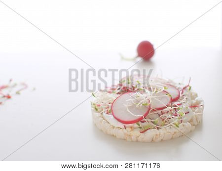 Healthy Snack Concept Rice Bread Crispy Bred Radish Slices Sprouts Marrow Slices Cottage Cheese High