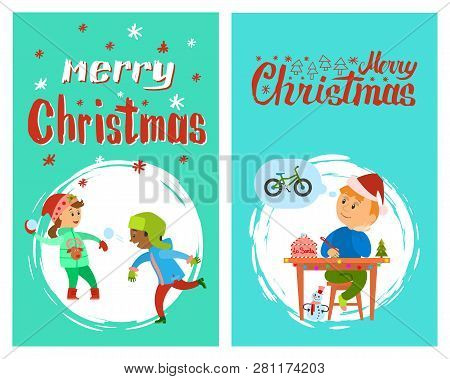 Merry Christmas Poster With Lettering Text, Children Fighting With Snow Outdoors, Boy Writing Letter