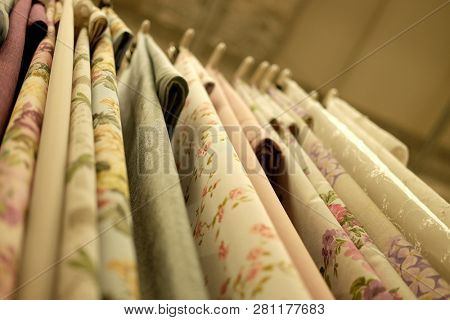 Sale! colorful fabrics in the store.