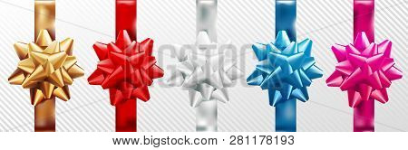 Golden, Red, Silver, Blue, Pink Gift Bow Set With Vertical Ribbon. Isolated On White Background. Vec