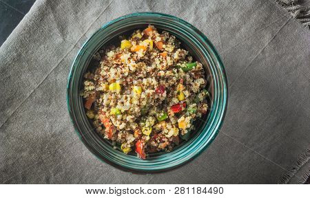 Quinoa Salad Bowl With Various Vegetables: Green Beans, Carrot, Corn, Bell Pepper, Peas. Top View, C