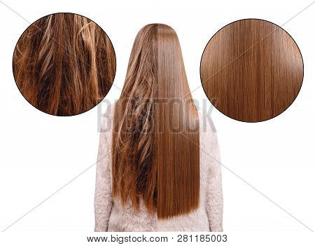 Sick, Cut And Healthy Hair Care Keratin. Before And After Treatment.