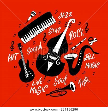 Set Of Musical Instruments: Piano, Trumpet, Cymbals, Guitar, Cello And Saxophone. Vector Hand Drawn 