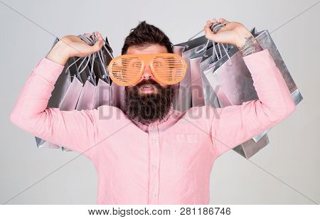 Shopping Addicted Consumer. How To Get Ready For Your Next Vacation. Man Bearded Hipster Wear Sungla