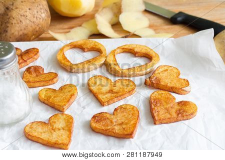 Preparing A Food For Valentines Day Abstract Love Concept Witch French Fries Chips Heart Shape