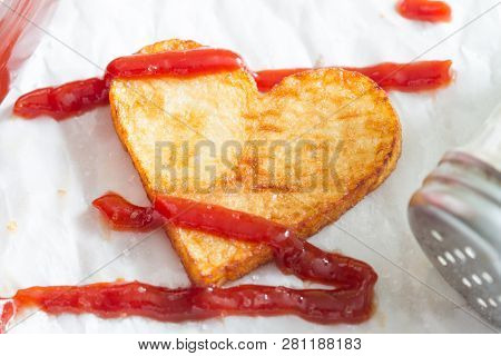 Preparing A Food For Valentines Day Abstract Love Concept Witch French Fries Chips Heart Shape
