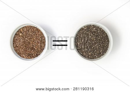 Small Bowl With Chia Seeds And Flax Seeds With Equal Sign Seen Directly From Above On Grey Backgroun