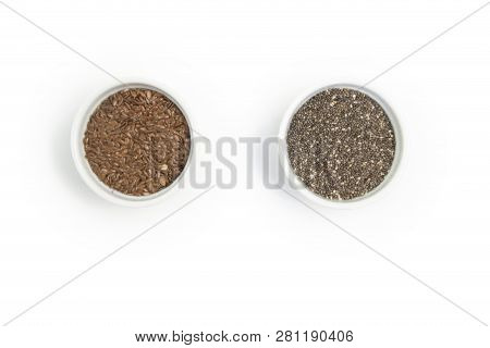 Small Bowl With Chia Seeds And Flax Seeds With Equal Sign Seen Directly From Above On Grey Backgroun