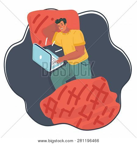 Vector Cartoon Illustration Of Man Using Laptop In The Bed At Night. Lazy Man Relaxing In Holidays N