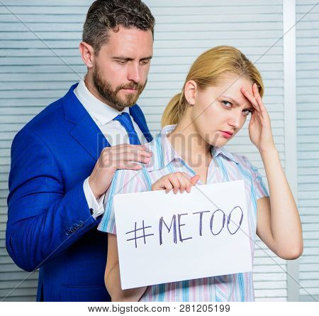 Female Assault Statistic. Girl Hold Poster Hashtag Me Too While Colleague Calm Down Her. Victim Assa