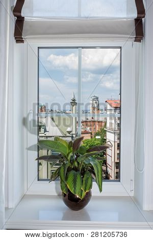Curtain Interior Decoration In Living Room.  Window Sill With Flower Pot, View Of The City