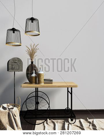 Iinterior Design In Country Style. Mock Up Wall. 3d Illustration.