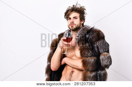 Sexy Sleepy Rich Macho Tousled Hair Drink Wine Isolated On White. Fashion And Pathos. Richness And L
