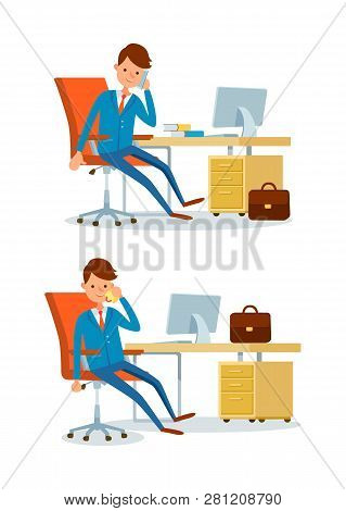 Business Affairs Of Businessman Working In Office Vector. People Talking On Phone With Clients And P