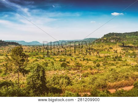 Beautiful view from the Phnom Kulen mountain. Cambodian landscape. Panorama