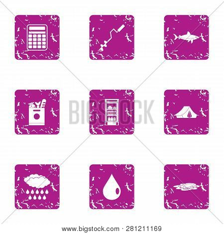 Ice Fishing Icons Set. Grunge Set Of 9 Ice Fishing Icons For Web Isolated On White Background