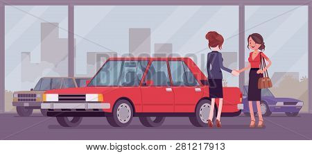 Female Car Dealership Sells A New Red Vehicle To Woman. Young Woman Buying Auto In Automobile Shop, 