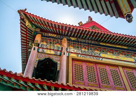 Roof Detail Of Chinese Temple Texture Background. Beautiful Chinese Temple Roof Detail With Colorful