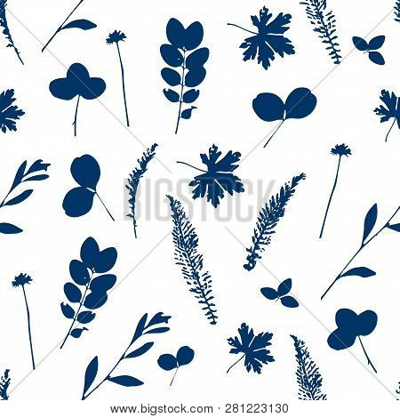 Vector Cute Cyanotype Seamless Flower Pattern. Big Set Of Cyanotype Floral Elements. Can Be Used For