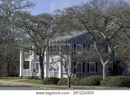 Beautiful House In Cape Cod Style Near Town Hall Square In Falmouth, Massachusetts, In Sunny Winter 