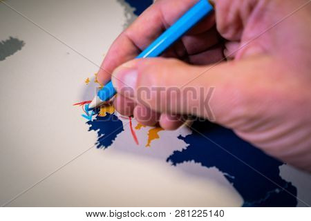 Hand Drawing A Blue Arrow Between The Uk And Northern Ireland, Backstop And Brexit Concept.