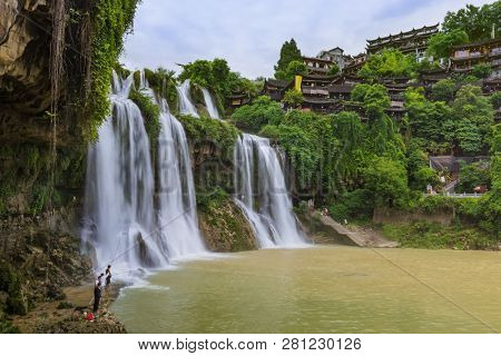 Furong ancient village and waterfall - Hunan China - travel background