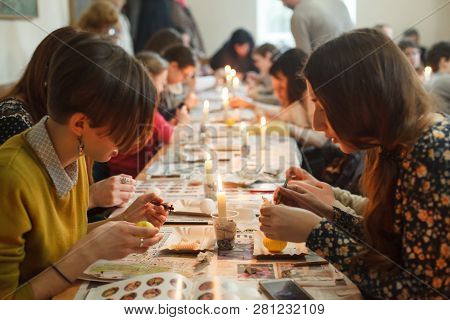 Lviv, Ukraine - March 11, 2018. Ukrainian Easter Eggs Painting Workshop.