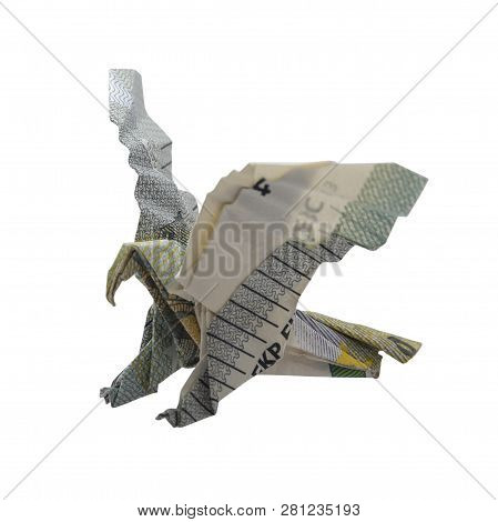 Money Origami Eagle Bird Folded With Real 5 Euro Note Isolated On White Background