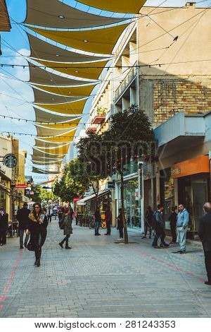 Nicosia, Cyprus - February 20, 2017: People Is Moving Through Ledra Street - The Main Shopping Avenu
