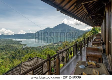 Lake Batur And Mount Batur Viewed From Kintamani In Bali. Mount Batur Is 1717 Meters High And An Act