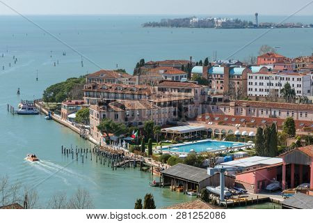 Venice, Italy - March 22, 2018: View of Giudecca Island in Venice, Italy.