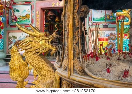 Chiang Mai, Thailand - January 25, 2019: Incense burning in chinese temple. Pung Thao Kong Shrine chinese temple in Chiang Mai, Thailand