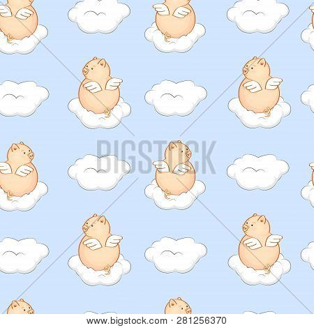 Seamless Pattern With Angel Pigs And White Clouds In The Blue Sky.  Hand Drawn Vector Illustration.