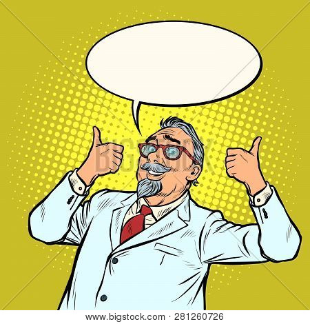 Elderly Doctor Scientist Smile Thumb Up Like Gesture. Pop Art Retro Vector Illustration Vintage Kits