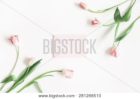 Valentine's Day Composition. Tulip Flowers, Envelope On White Background. Valentines Day, Mothers Da
