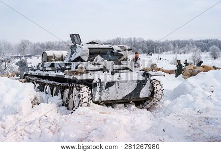 Krasnoye Selo, St. Petersburg, Russia - January 19, 2019: Military Historical Reconstruction - The B