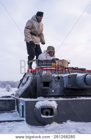 Krasnoye Selo, St. Petersburg, Russia - January 19, 2019: Military Historical Reconstruction - The B