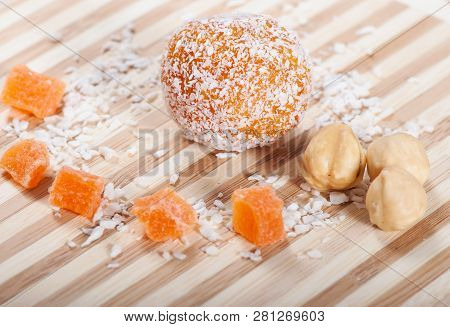 Candy Of Sweet Dried Apricots And  Nuts, Sweets From The East. Fitness Food.