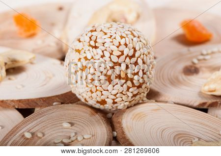 Candy Of Sweet Dried Apricots And Cashew Nuts, Sweets From The East. Fitness Food.
