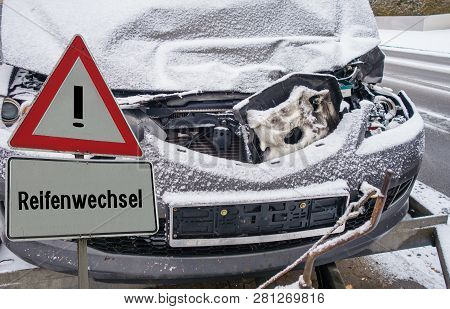 Caution Sign Winter Change Of Tires German 